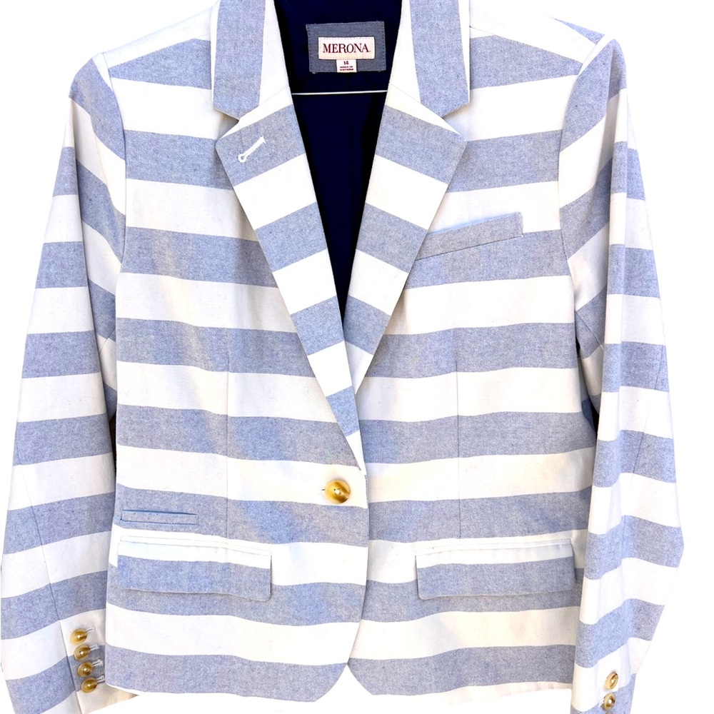 Merona striped women jacket blazer size 14 blue